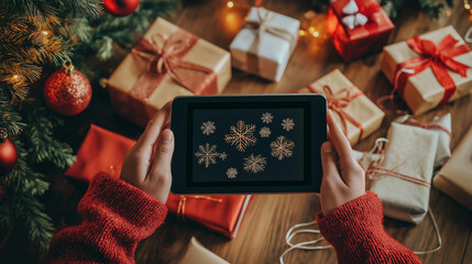 A person holding a tablet with snowflake designs, surrounded by wrapped gifts and a decorated Christmas tree, evoking the joy of holiday digital experiences and gift exchange.