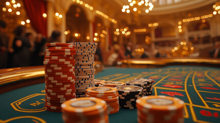 Close-up of stacked poker chips on a roulette table in an elegant casino setting, capturing the luxury, thrill, and high stakes of the gambling experience.