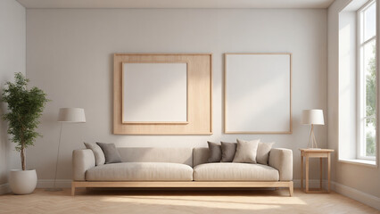 There are empty photo frames on the living room wall, an interior design illustration mockup template, and an empty poster frame mockup template.	