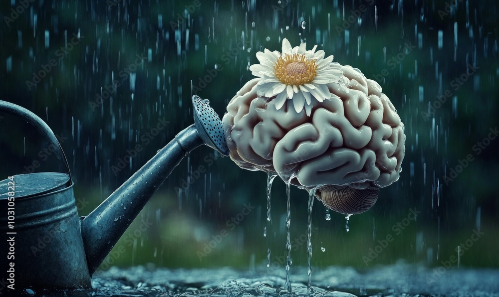 Poster a brain in the form of a flower being watered from a watering can against a rainy background. the co