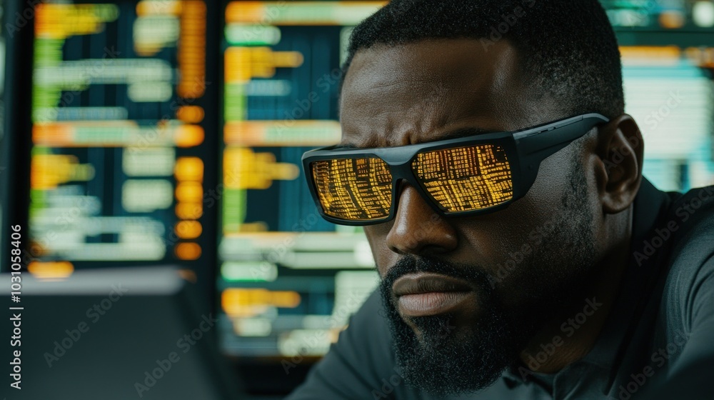 Poster close-up of a man with code reflected in his sunglasses
