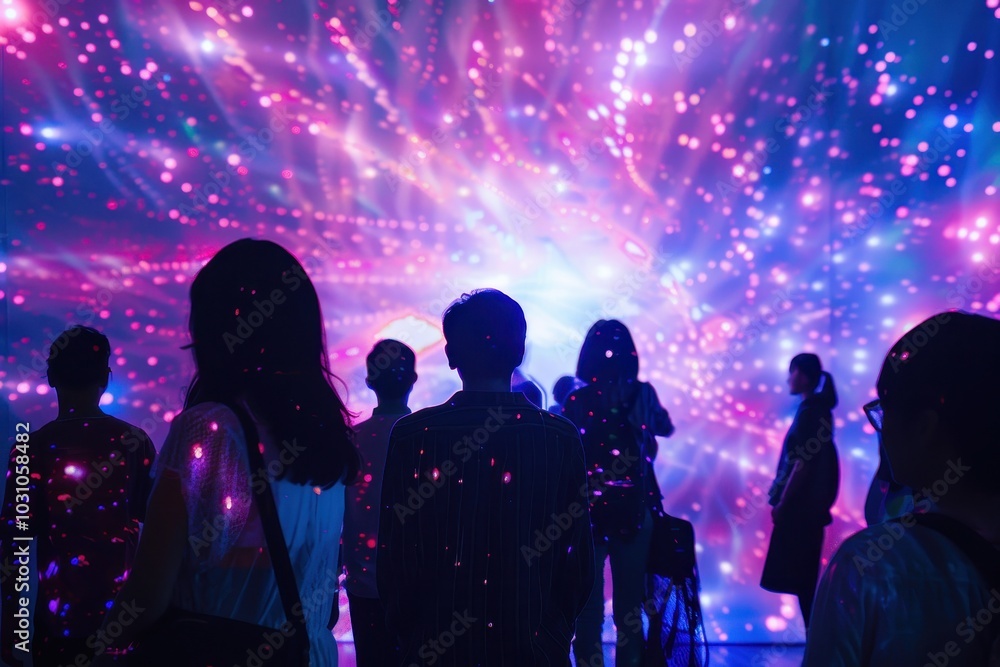 Leinwandbilder visitors admire a dazzling light display in an immersive art installation during an evening event pr