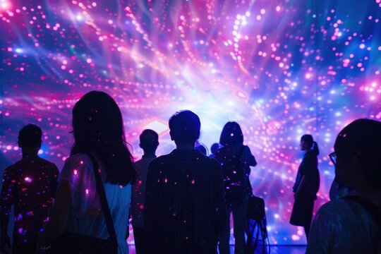 Visitors admire a dazzling light display in an immersive art installation during an evening event promoting creativity and imagination