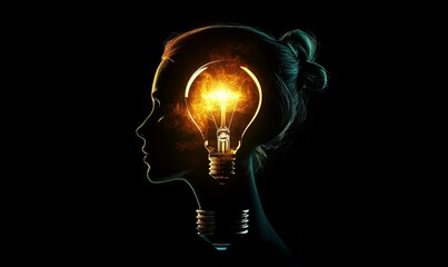 A silhouette of a woman's head inside a glowing light bulb represents the concept of a new idea.