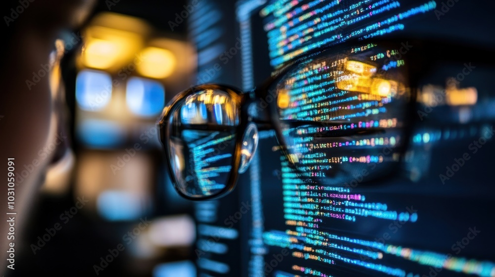 Poster A Pair of Glasses Reflecting Code on a Computer Screen