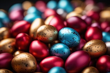 Easter eggs background, Pile of colorful Easter eggs, Easter holiday background.