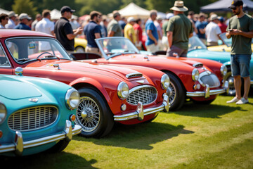 Row of vintage sports cars parked on grass at concours d'elegance