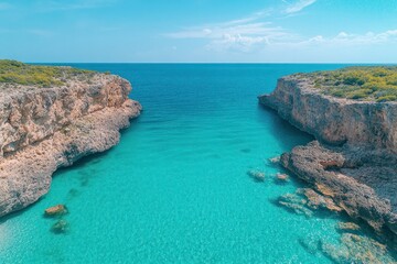 Fototapeta premium Clear blue waters frame a secluded cove surrounded by rocky cliffs on a sunny day