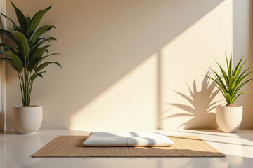 White meditation cushion is lying on a tatami mat in a room with minimalist interior design
