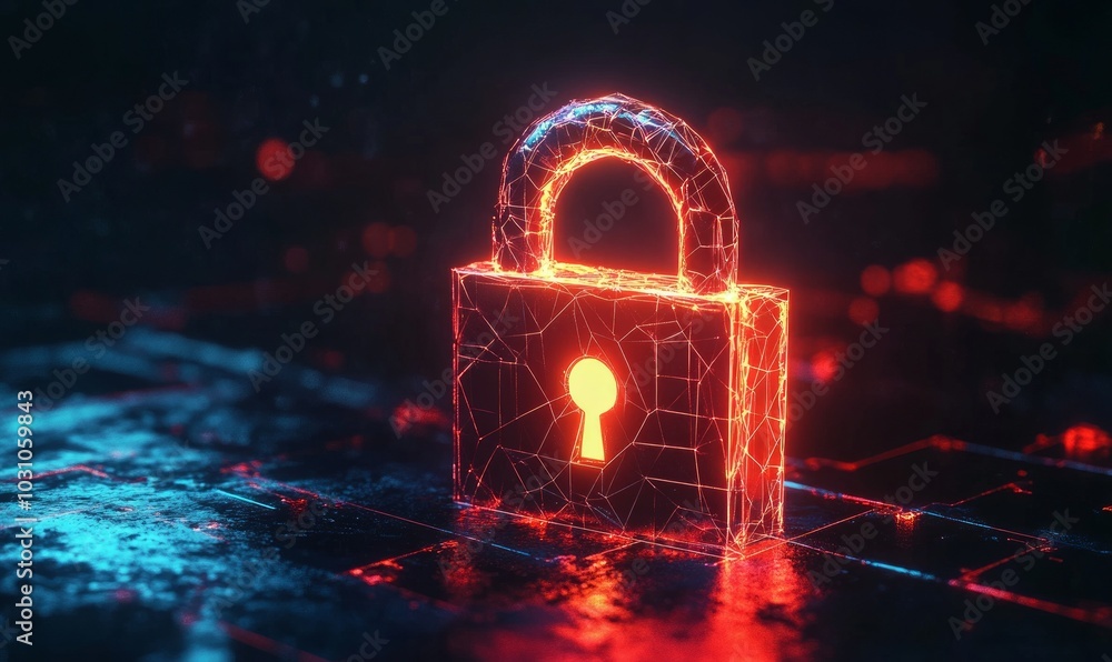 Poster a glow polygon padlock on a technology background with copy space, cyber security concept