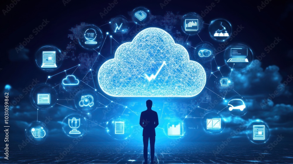 Poster businessman standing before a cloud computing network with digital icons