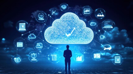 Businessman Standing Before a Cloud Computing Network with Digital Icons
