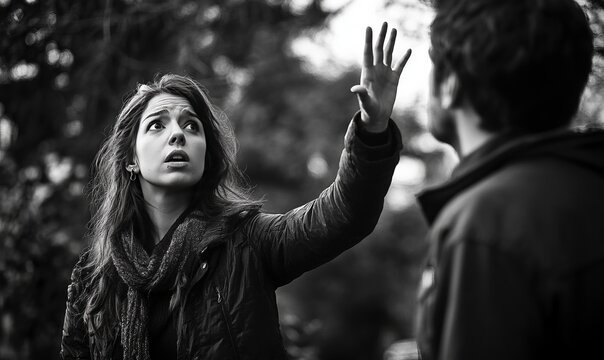 A woman raises her hand in a gesture of frustration while standing outdoors as a man looks on, capturing a moment of intense emotion between them