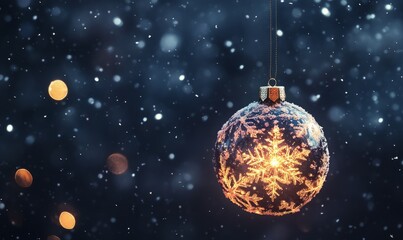 A glowing Christmas ornament made of delicate crystal snowflakes, suspended in the air against a dark winter sky with softly falling snow.