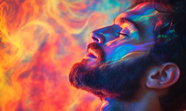 A concept of calming rhythms and emotional balance, close up view of young man on abstract background
