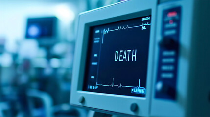 ECG screen displays the heart's pulse, cardiogram, and heartbeat, monitoring cardiac health with waves and signals, highlighting life and death in medical care, cardiology, and hospital surveillance 