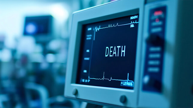 ECG screen displays the heart's pulse, cardiogram, and heartbeat, monitoring cardiac health with waves and signals, highlighting life and death in medical care, cardiology, and hospital surveillance 