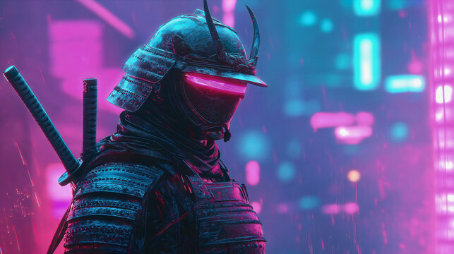 Futuristic cyberpunk samurai, armored warrior with neon lights in urban dystopian cityscape, with katana in high-tech, cybernetic fighter - Powered by Adobe