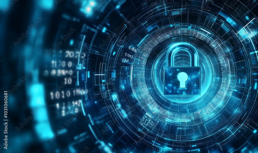Poster a digital padlock illustration with binary code and futuristic circles on a blue and white backgroun