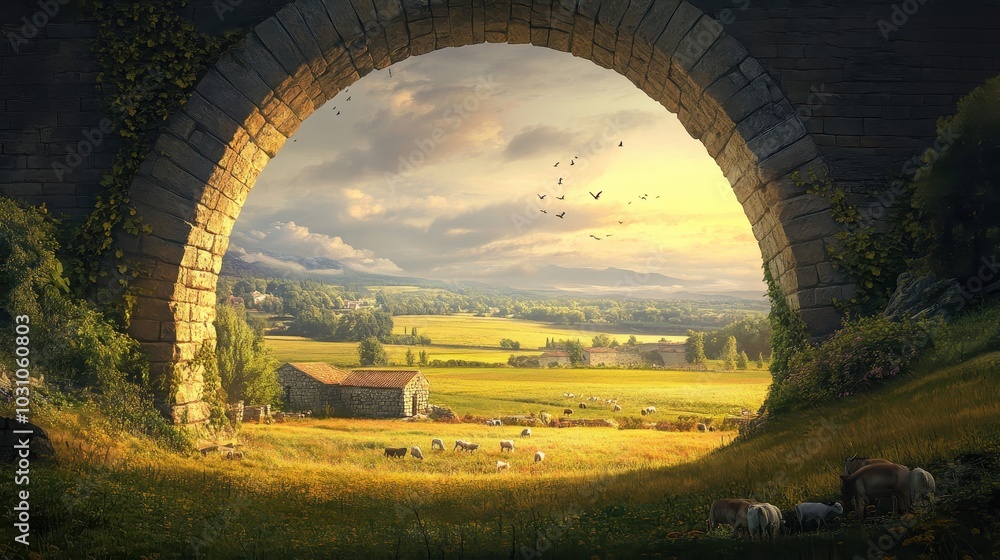 Wall mural Aqueduct arch framing view of countryside small cottages and farms basking in afternoon sun