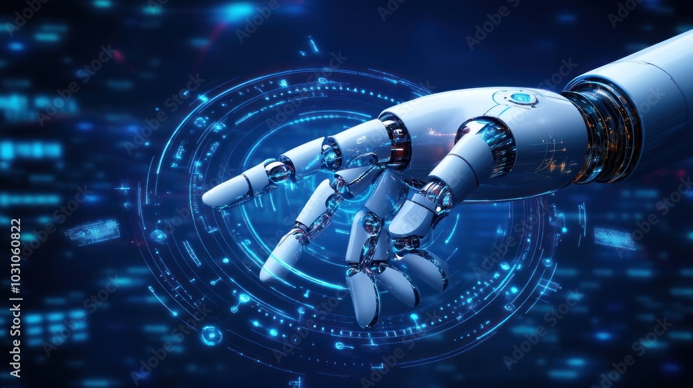 Poster a robotic hand interacting with a blue digital interface