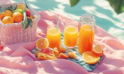 A joyful family picnic featuring refreshing homemade juices and snacks in a sunny park during a warm afternoon