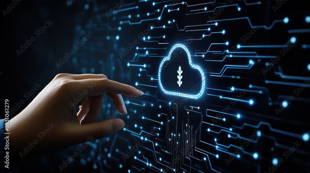 Poster hand interacting with digital cloud with data transfer icon