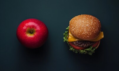 A healthy contrast between a vibrant apple and a classic hamburger highlights choices in nutrition for a balanced lifestyle