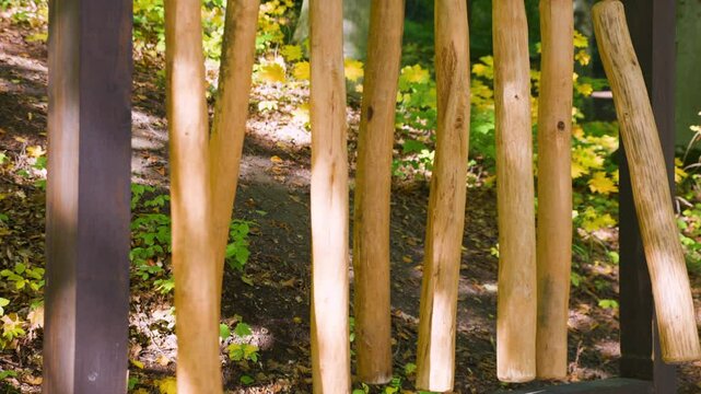 Musical instrument dendrofon. The sticks are made of beech, oak, linden, birch, spruce, pine, maple and ash. The sound is produced by hitting the sticks with a wooden mallet.