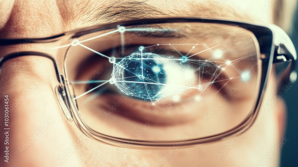 Aufkleber a person wearing glasses with a global network visualization reflected in their eye