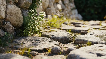 Foundation of aqueduct with rough stones and plants lighting highlights stone's texture