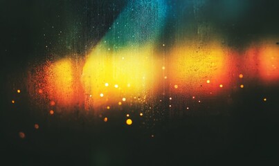 Blur colorful warm rainbow light leaks on black background with dust texture.