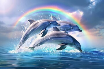 Dolphins jumping gracefully through vibrant ocean waves under a brilliant rainbow at sunset, showcasing the beauty of marine life and nature's wonders