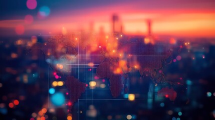 A blurred cityscape at sunset with a digital world map overlay.