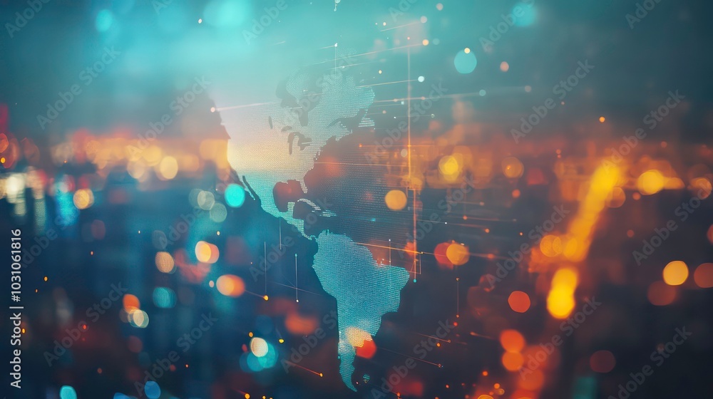 Poster abstract digital map of the world with glowing lights in the background.