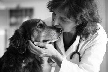 Woman and dog hugging, veterinarian takes care of, hugs and kisses dog