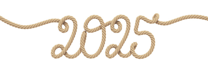 New Year 2025. Numbers twisted from rope imitating handwritten text. Transparent background. 3D rendering