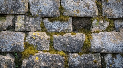 Obraz premium Close-up of weathered stone blocks on aqueduct moss and lichen present bright light enhances the fine aged textures
