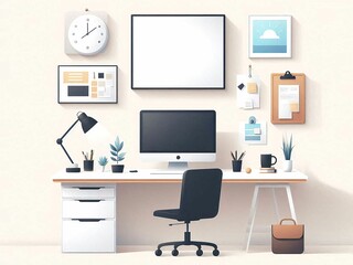 Modern minimalist workspace with a computer, decor, and stationery