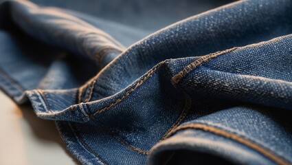 A macro shot of denim fabric, focusing on the texture, stitching, and seams, with natural lighting bringing out the fabric's details.