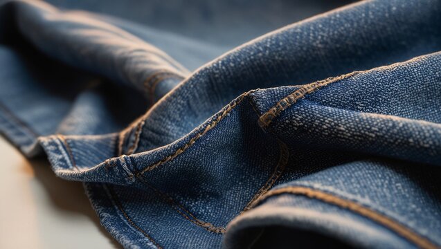 A macro shot of denim fabric, focusing on the texture, stitching, and seams, with natural lighting bringing out the fabric's details.