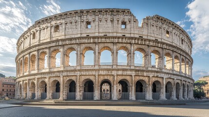 Obraz premium Tall arches at the coliseum’s entrance perfectly symmetrical and lit by sunlight