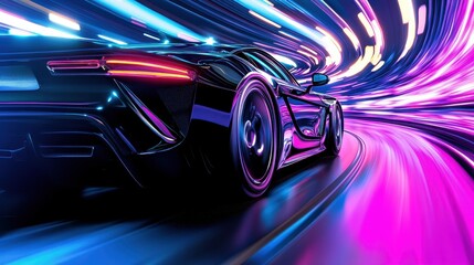 A car is driving down a road with neon lights in the background