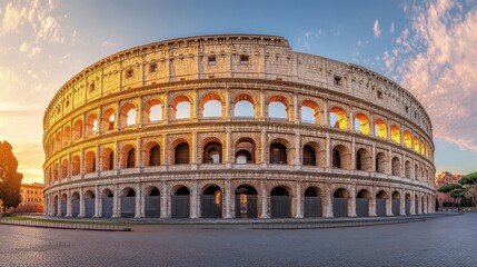 Naklejka premium Panoramic view of coliseum’s outer wall at sunset casting a golden glow on ancient stone