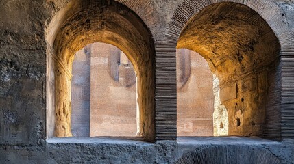 Fototapeta premium Sunlight streaming through coliseum’s arched windows casting shadows on weathered stone