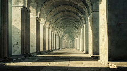 Fototapeta premium Coliseum’s arched corridors lined with stone columns soft lighting casting shadows on the ground