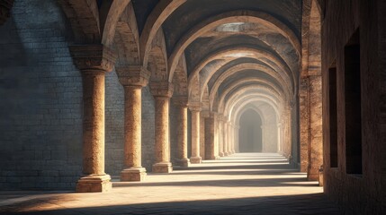 Wide-angle view of coliseum’s arched corridors massive stone columns softly lit by sunlight