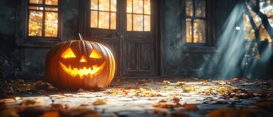 Obraz premium Haunted Halloween Pumpkin Night Scene Rendering