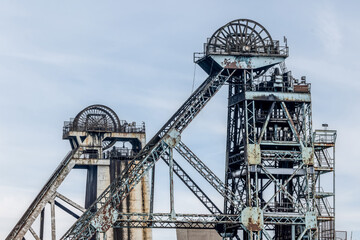 Hatfield Colliery near Doncaster, Yorkshire. Old headstocks and winding gear from the abandoned Coal Pit. Relic from the industrial revolution and the UK mining industry. 