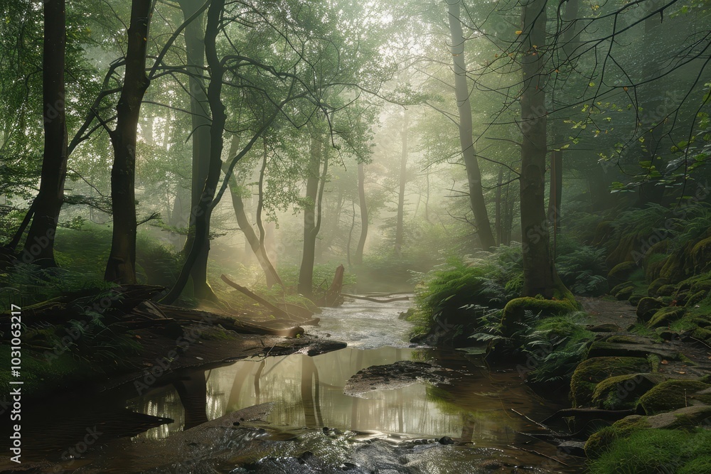 Poster a serene forest landscape at dawn with mist enveloping trees and a gentle stream reflecting soft lig